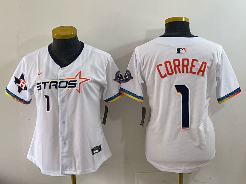 Women 2025 Houston Astros #1 Correa White Four generations Joint Name Nike MLB Jersey style 06->women mlb jersey->Women Jersey